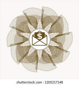 Brown rosette (money style emblem) with envelope with paper with money symbol inside icon inside