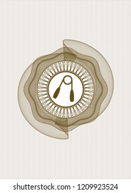 Brown rosette or money style emblem with hand gripper icon inside