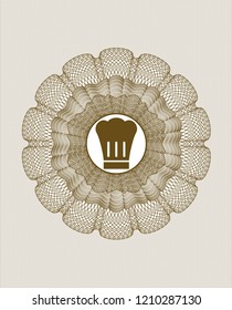 Brown rosette (money style emblem) with chef hat icon inside