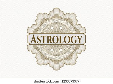 Brown rosette or money style emblem with text Astrology inside