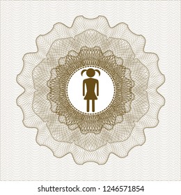 Brown rosette (money style emblem) with girl icon inside