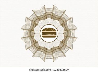 Brown rosette (money style emblem) with cheeseburger icon inside