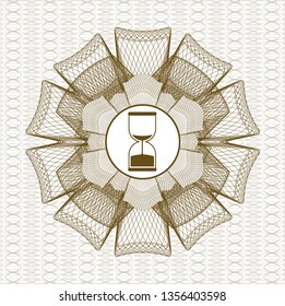 Brown rosette or money style emblem with sand clock icon inside