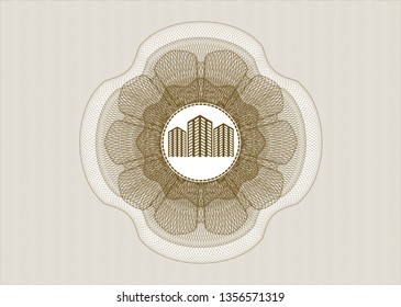 Brown rosette (money style emblem) with buildings icon inside