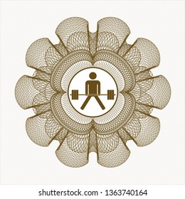 Brown rosette (money style emblem) with sumo deadlift icon inside