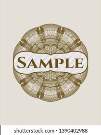 Brown rosette or money style emblem with text Sample inside