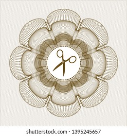 Brown rosette or money style emblem with scissors icon inside