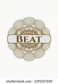 Brown rosette or money style emblem with text Beat inside
