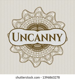 Brown rosette (money style emblem) with text Uncanny inside