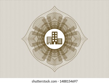 Brown rosette or money style emblem with buildings icon inside