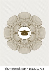 Brown rosette (money style emblem) with graduation cap icon inside