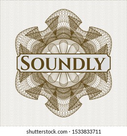 Brown rosette (money style emblem) with text Soundly inside