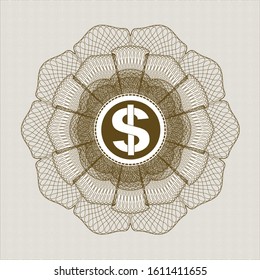 Brown rosette (money style emblem) with money icon inside