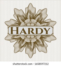 Brown rosette (money style emblem) with text Hardy inside
