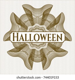 Brown rosette (money style emblem) with text Halloween inside