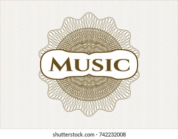 Brown rosette with text Music inside