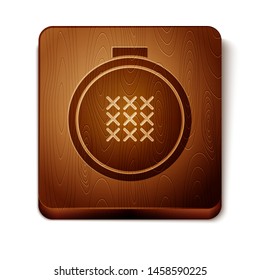 Brown Round adjustable embroidery hoop icon isolated on white background. Thread and needle for embroidery. Wooden square button. Vector Illustration