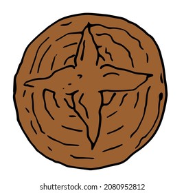 brown round bread. hand-drawn in the style of doodles, round bread black outline of a round tortilla with a cross section and strips of bread texture, top view on white for bakery design template