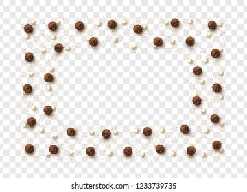 Brown round chocolates, pearls and placer of glitter isolated on transparent background.