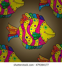Brown round gradient abstract pattern with yellow doodles fishes. Vector.