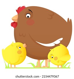 Brown round hen with two chicks