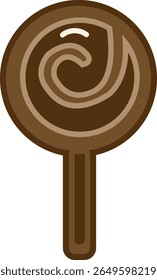 A brown, round lollipop with a swirl design and a long stick.