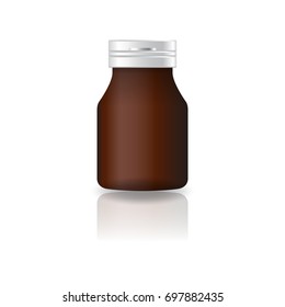Brown round supplements or medicine bottle with cap lid for beauty or healthy product. Isolated on white background with reflection shadow. Ready to use for package design. Vector illustration.