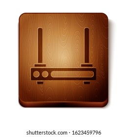 Brown Router and wi-fi signal symbol icon isolated on white background. Wireless ethernet modem router. Computer technology internet. Wooden square button. Vector Illustration