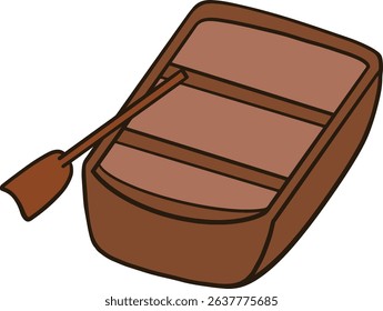 A brown rowboat with oars.