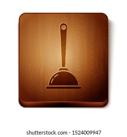 Brown Rubber plunger with wooden handle for pipe cleaning icon isolated on white background. Toilet plunger. Wooden square button. Vector Illustration