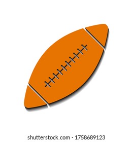 Brown rugby or american football ball on white background and black shadow, sign for design, vector illustration