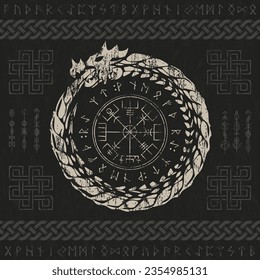 Brown runic Scandinavian symbol with dragon circle and Vegvisir sign for Scandinavian tattoo design isolated on black background