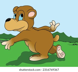 Oso marrón en marcha con ojos azules de perfil - Ilustración de dibujos animados de color con fondo, vector