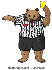 Brown russian bear soccer referee whistles and shows yellow card. Isolated on white vector cartoon illustration