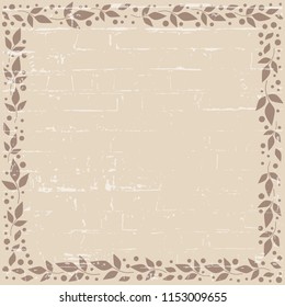 Brown rustic background with decorative square frame of brown leaves and dots and texture for decoration,scrapbooking paper, sheet of book or notebook,wedding invitation,greeting card,text,family tree