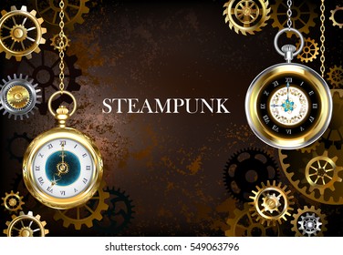 Brown, rusty, textured, steampunk background with brass and gears with antique gold watch.