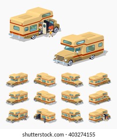 Brown RV camper. 3D lowpoly isometric vector illustration. The set of objects isolated against the white background and shown from different sides