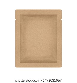 Brown sachet or pouch. Kraft paper texture. Vector bag mockup, wet wipes. Cosmetics sample. Moisturizing sheet face mask. Eco packaging mockup	