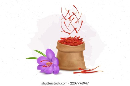 Brown sack bag filled with Dry saffron stamens  and saffron flower vector illustration