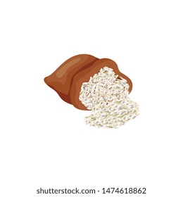 Brown sack bag full of white rice, healthy grain food agriculture unit in sackcloth fabric burlap packaging with overflowing product, cartoon style isolated vector illustration