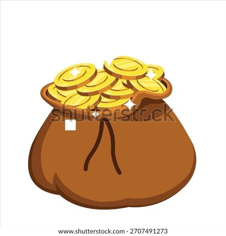 Brown Sack or Bag Overflowing with Shiny Gold Coins, Financial Wealth, Savings, and Hidden Treasure Concept Flat Vector Illustration
