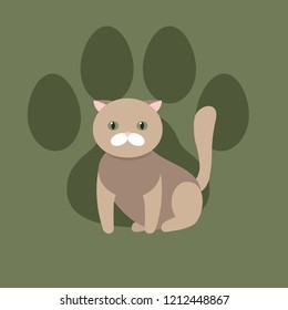 Brown sad cat sitting. Vector flat illustration. Cartoon pet. Paw mark.