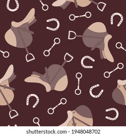 Brown saddle and horseshoe silhouette seamless pattern. Vector illustration.