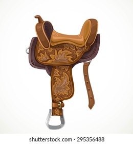Brown saddle with ornaments and embroidery for equestrian sport and entertainment isolated on a white background