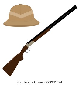 Brown safari hat and rifle vector icon set. Vector illustration of hunter hat and hunting rifle. Safari symbols