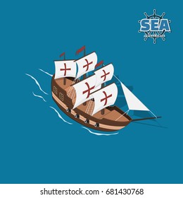 Brown sailer on a blue background. Sailboat in isometric style. 3d illustration of ancient ship. Pirate game. Vector illustration