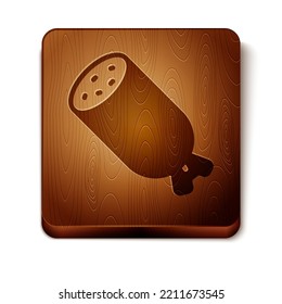 Brown Salami sausage icon isolated on white background. Meat delicatessen product. Wooden square button. Vector