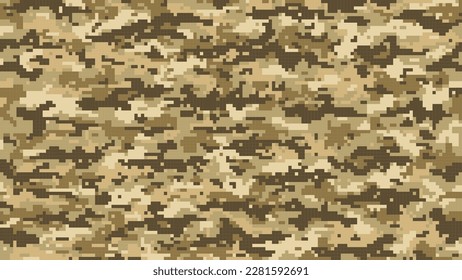 Brown sand, pixel military camouflage pattern or khaki background, vector army camo. Mosaic digital pixel camouflage pattern of desert brown sand for soldier ammunition or military uniform print