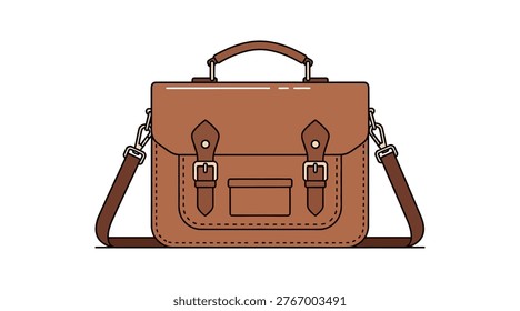 brown satchel featuring brown leather satchel bag with straps and buckles, flat. Scalable various applications. Scalable format print and digital media. brown satchel, leather bag, flat satchel bag brown leather.
