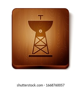 Brauner Satelliten-Teller, Symbol einzeln auf weißem Hintergrund. Radioantenne, Astronomie und Weltraumforschung. Holzquadrat-Taste. Vektorillustration-Illustration